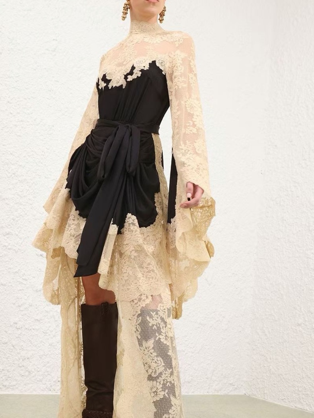 Zimmermann Black & Cream Lace High-Low Dress with Draped Waist 100% silk NWOT